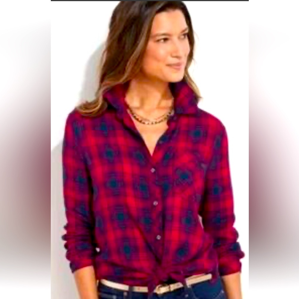 Vineyard Vines Women's 6 Shirt Red Black Plaid Relaxed Long Sleeve 100% rayon